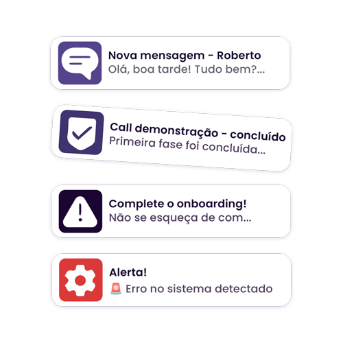 Lista de notificações operacionais com mensagens, tarefas e alertas